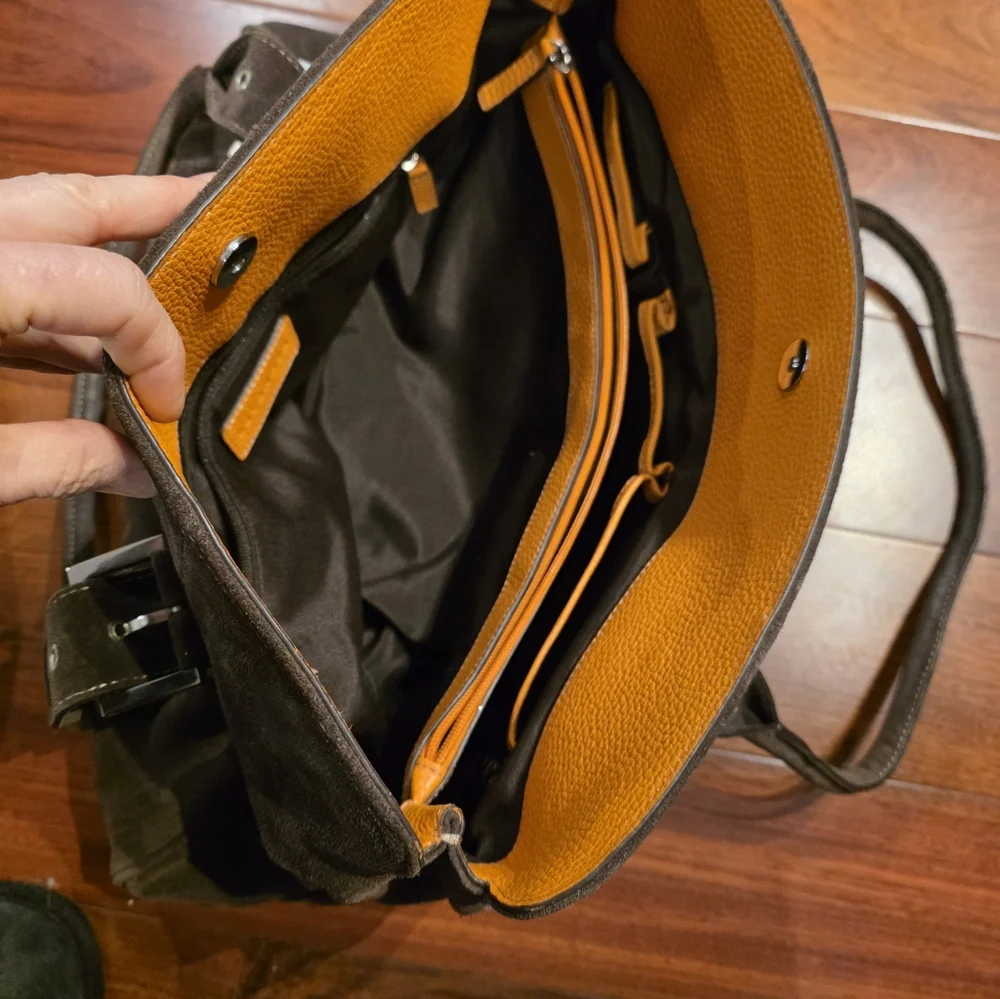 Levenger Dark Taupe Suede and Orange Leather Trim Bag